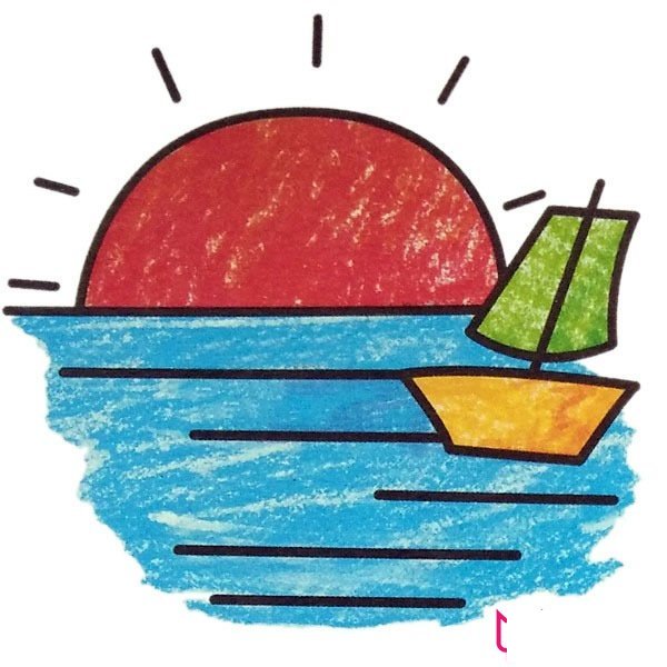 海上日出風景簡筆畫