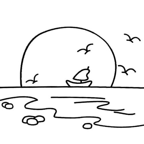 海上日出帆船簡筆畫