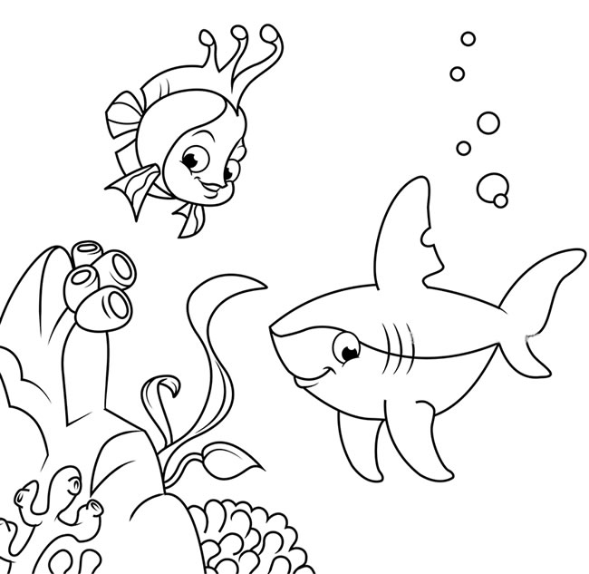 海底世界珊瑚魚(yú)和鯊魚(yú)簡(jiǎn)筆畫(huà)