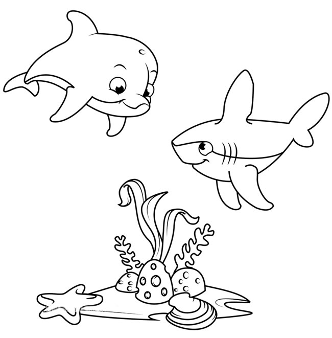 海底世界海豚和鯊魚簡筆畫