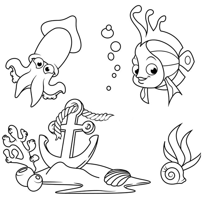 海底世界烏賊和珊瑚魚簡筆畫