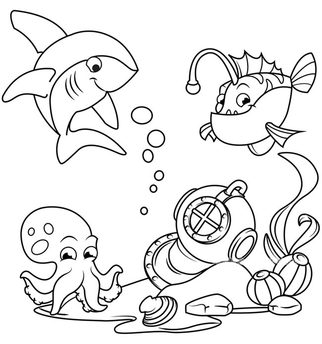 海底世界鯊魚珊瑚魚和章魚簡筆畫