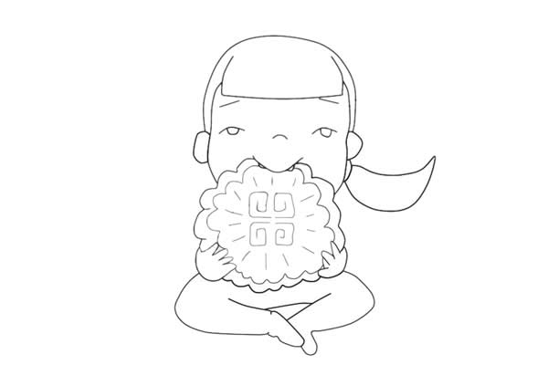 中秋節吃月餅的小女孩簡筆畫