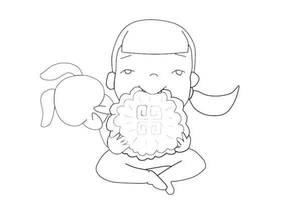中秋節吃月餅的小女孩簡筆畫