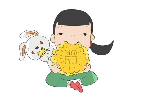 中秋節吃月餅的小女孩簡筆畫