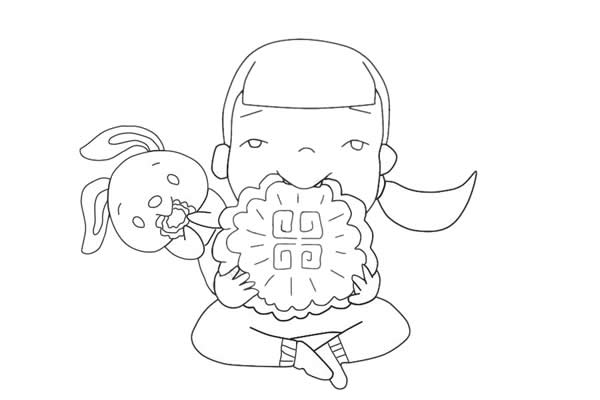中秋節吃月餅的小女孩簡筆畫