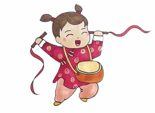 春節(jié)小女孩打鑼鼓簡筆畫