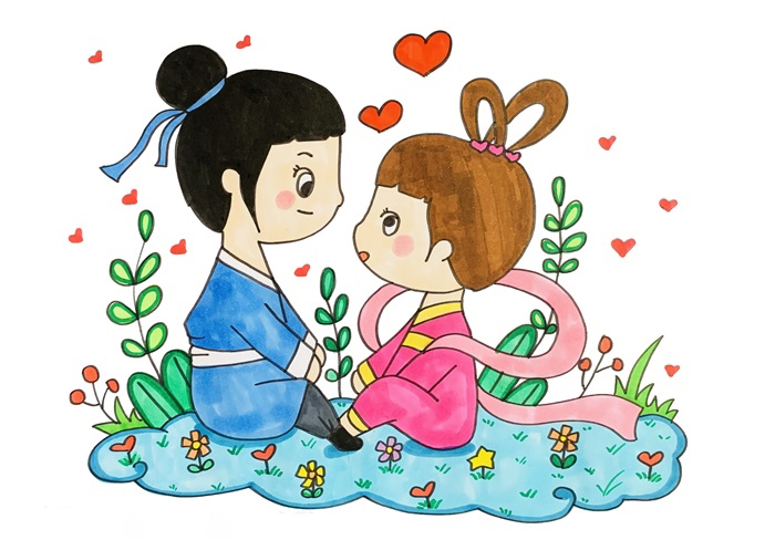 七夕節(jié)牛郎織女相愛簡筆畫