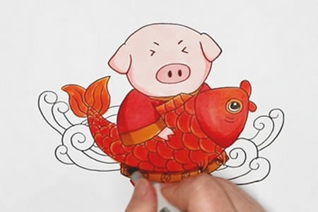 小豬和魚的年畫簡筆畫