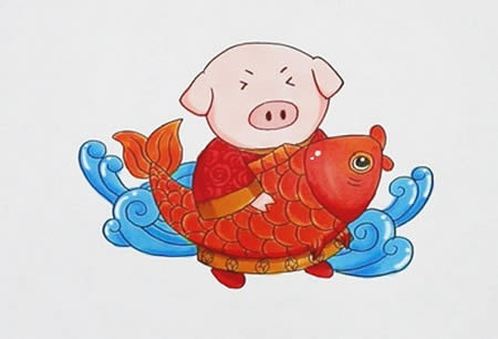 小豬和魚的年畫簡筆畫