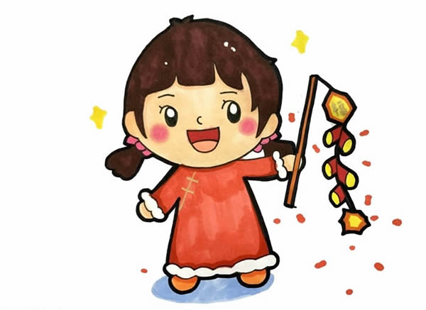 春節小朋友放鞭炮簡筆畫
