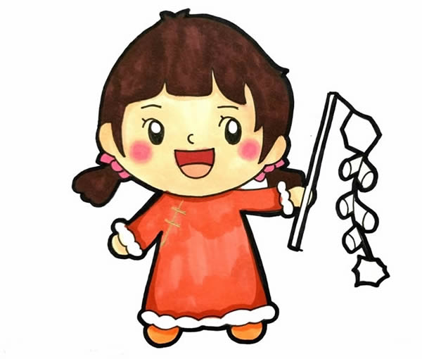 春節小朋友放鞭炮簡筆畫