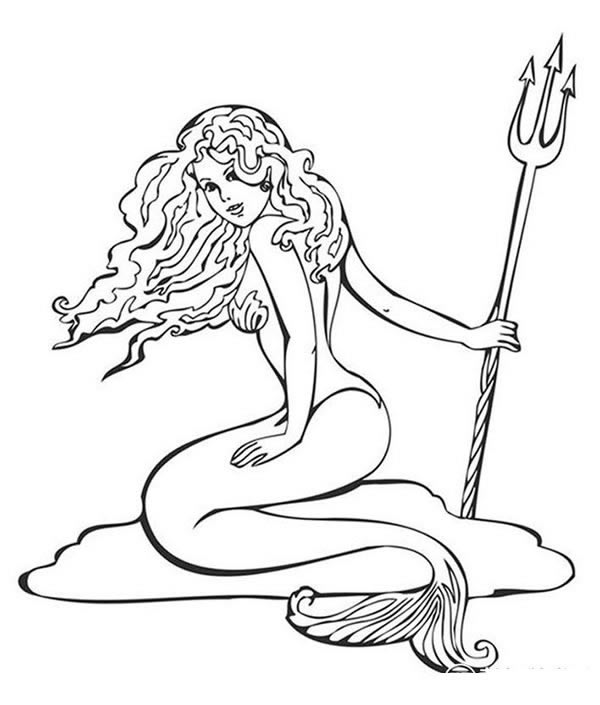 拿著魚叉的美人魚簡筆畫