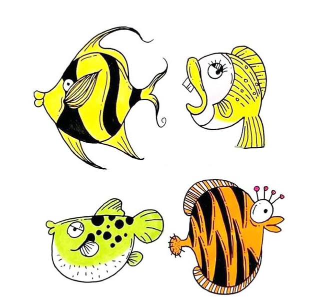 一組彩色的深海魚簡筆畫大全