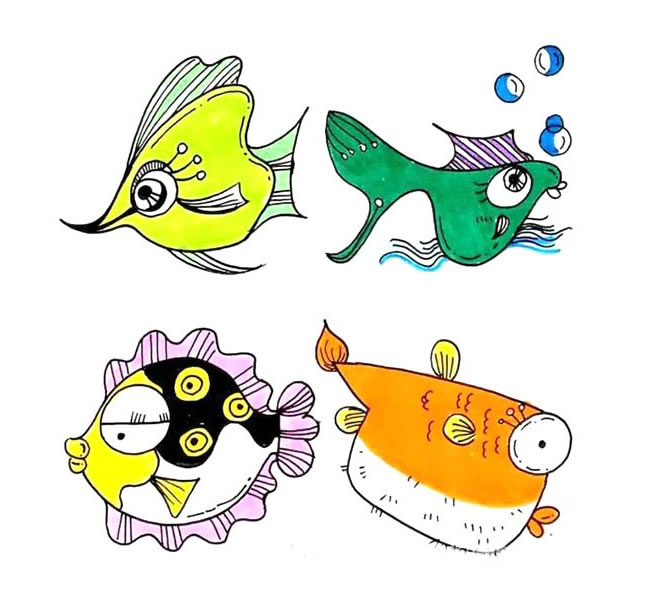 一組彩色的深海魚簡筆畫大全
