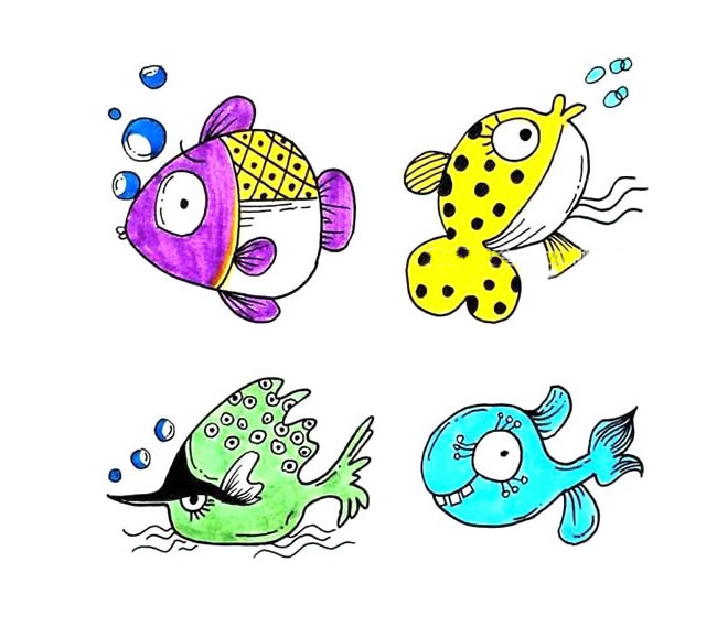 一組彩色的深海魚簡筆畫大全
