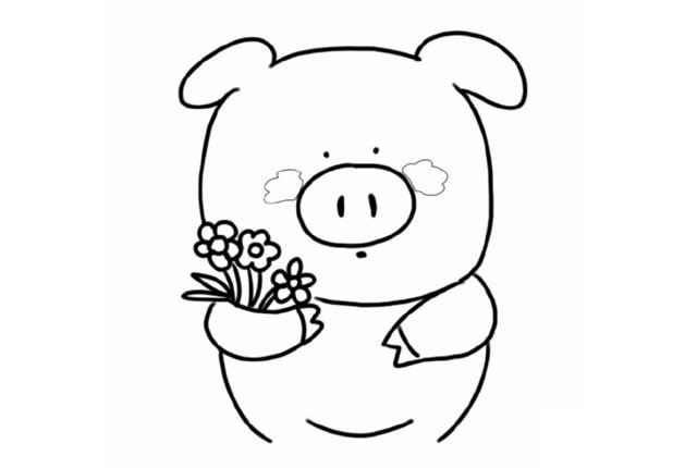 拿著花的可愛小豬簡筆畫