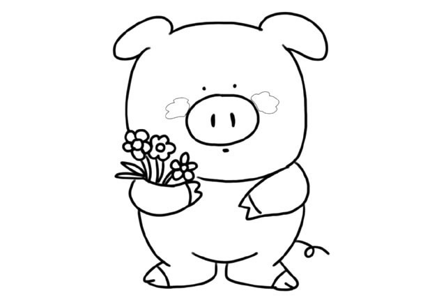 拿著花的可愛小豬簡筆畫