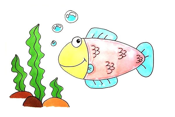 海草和小魚卡通簡筆畫教程