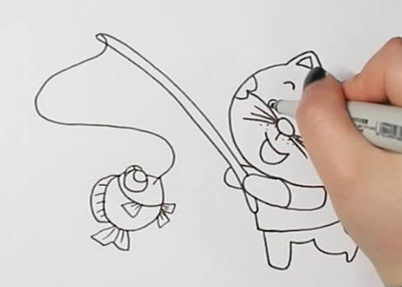 小貓釣魚的簡(jiǎn)筆畫