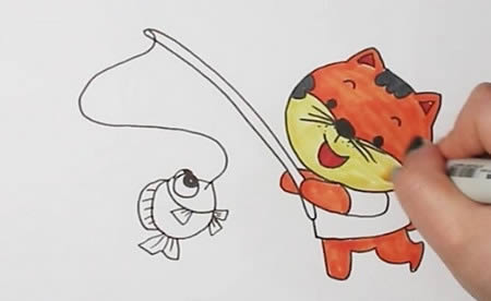 小貓釣魚的簡(jiǎn)筆畫